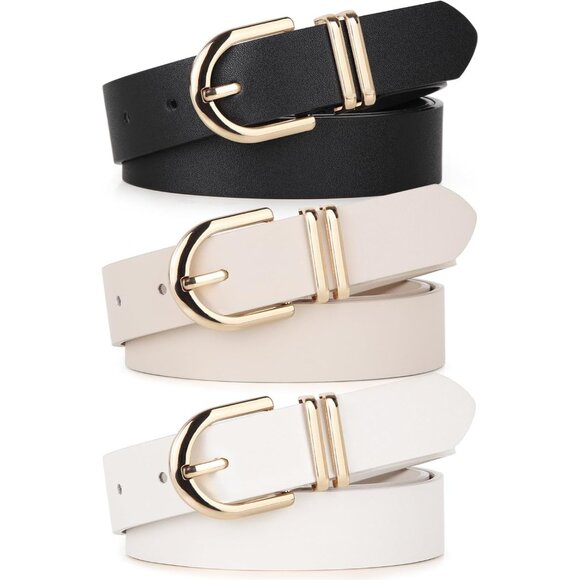 Pack 3 Women's Belts for Jeans Pants Gold Buckle Leather Belts Beige White - Picture 1 of 5